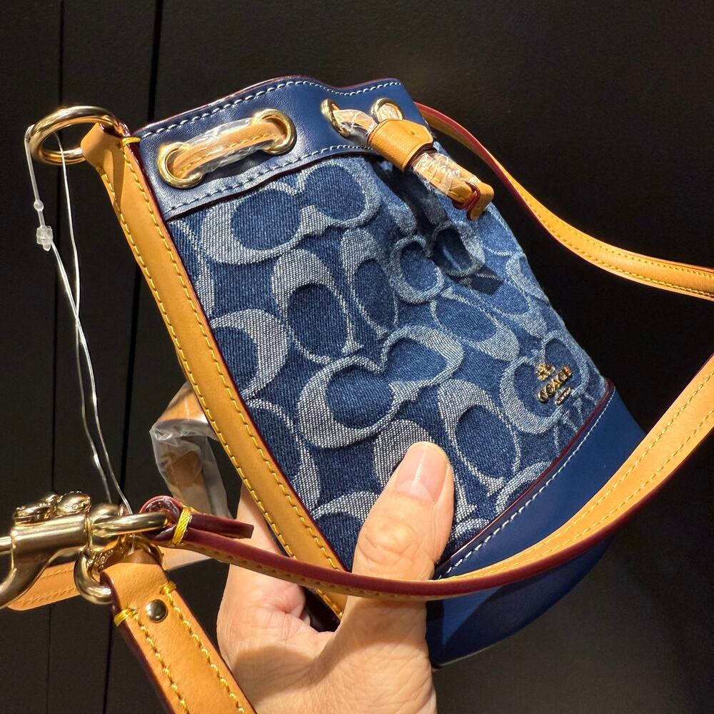 Coach Blue Denim Signature Drawstring Crossbody Bag with Tan Trim - Picture 9 of 12